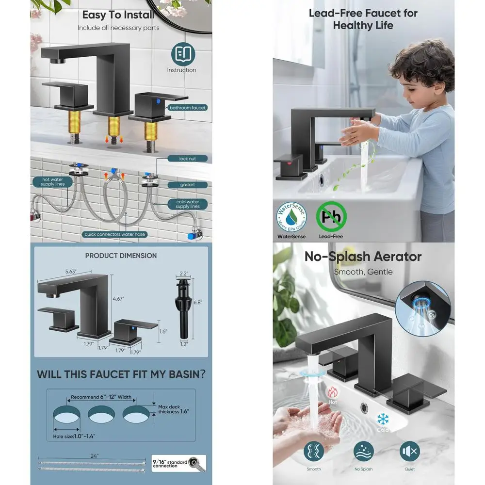 

Matte Black 8 Widespread Bathroom Sink Faucet with Up-Drain, 2 Handles, 2 Hoses, Lead-Free Stainless Steel for Vanity and RV Use