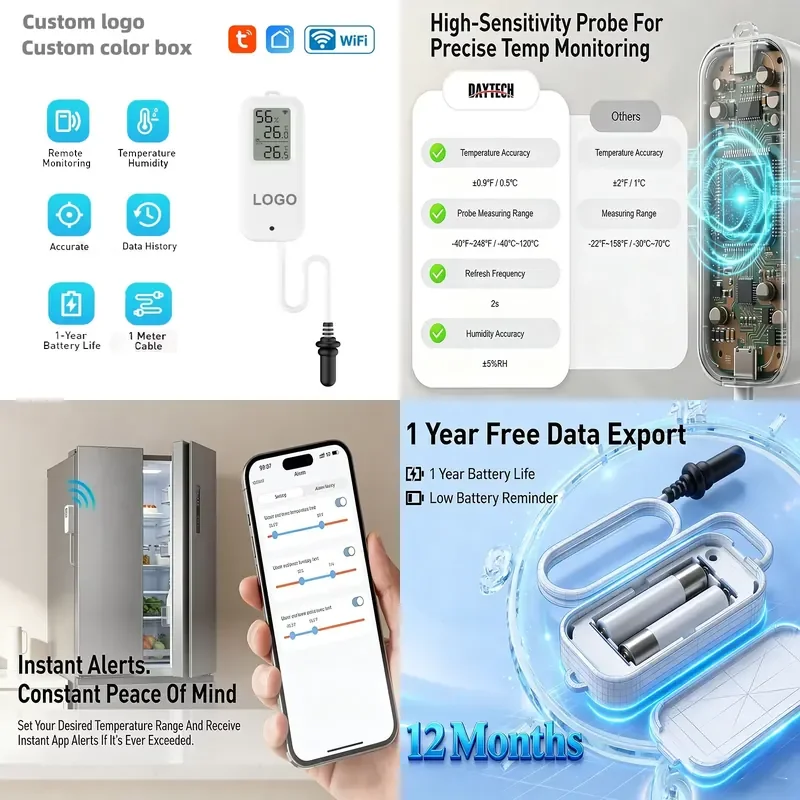 Smart Fridge Thermometer Portable ABS Material Wi-Fi Enabled Water Resistant 10m Detection Range App Remote