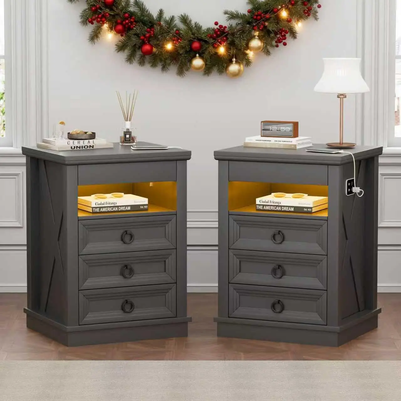 Nightstand Set 2 Gun Drawer Bedside Table Charging Station Sensor LED Light 3 Drawer Open Shelf End Table Bedroom, Customized