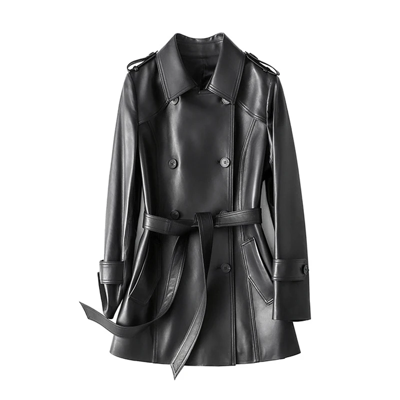 100% Real Leather Black Trench Coats Women Fall Winter Single-breasted Sashes Chic Ladies Mid-length Slim Sheepskin Jacket Coat