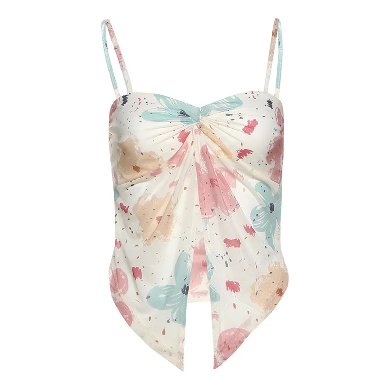2025 Summer New Floral Irregular Open Button Suspender Top High Waist Slim Skirt Set