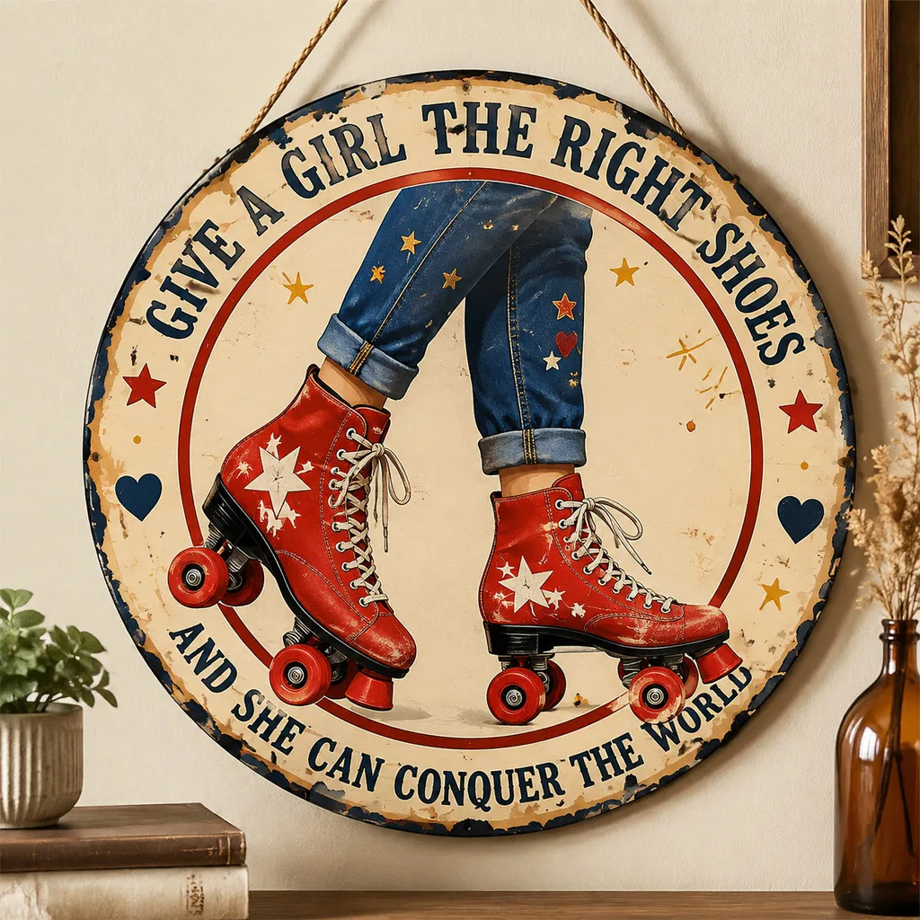 1pc Vintage Round Roller Skate Print Hanging Wall Decor Aluminum Sign Suitable for Garden, Patio, Porch, Living Room, Cafe, Bar