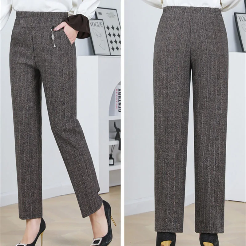 

2023 весенне-осенние женские брюки с эластичной резинкой и высокой талией, женские прямые брюки среднего возраста, женские повседневные длинные брюки большого размера 8XL