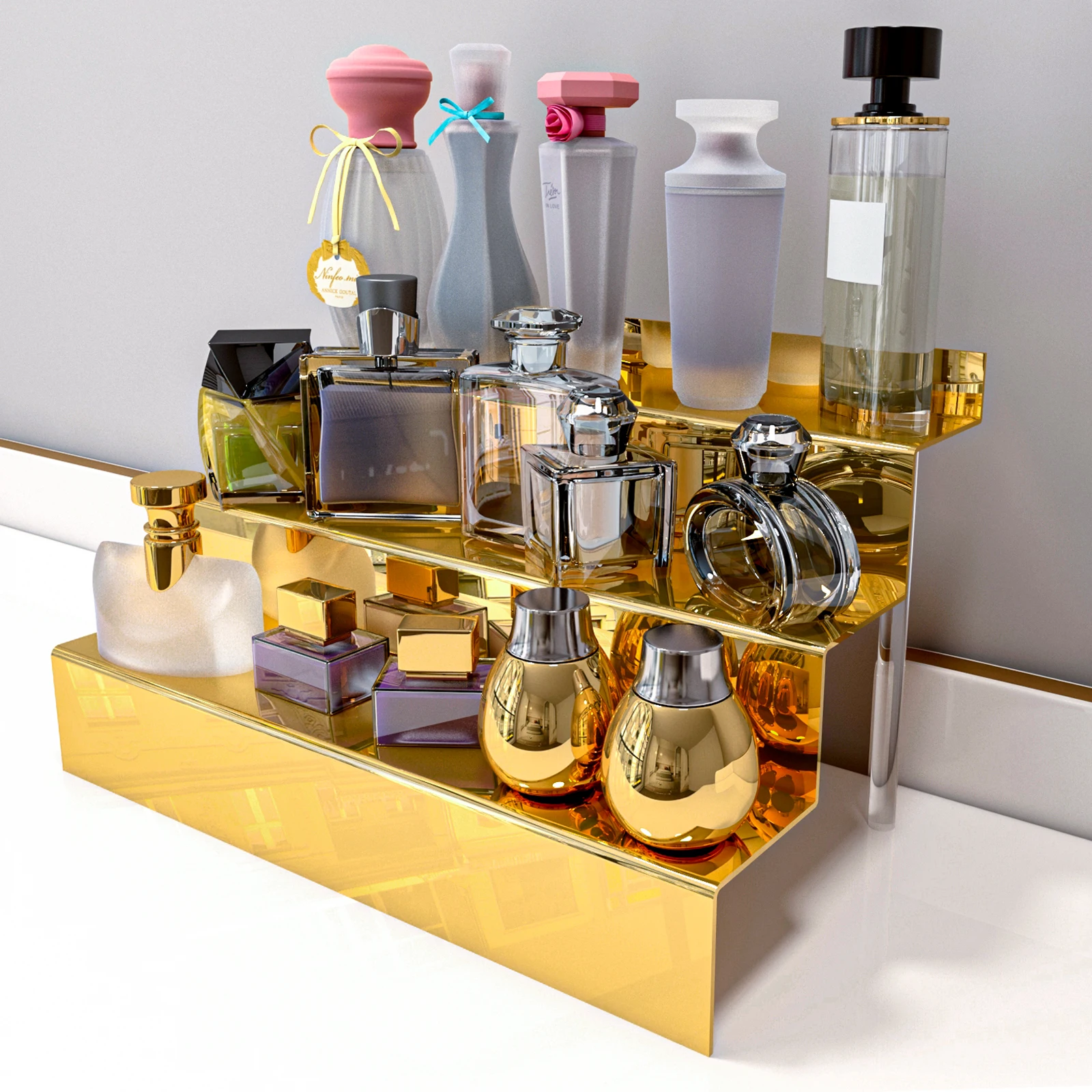 Golden Mirror Acrylic 3-Tier Organizer (For Nail Polish/Perfume/Lipstick/Cologne) - Mirror Polished Finish, Lightweight & Portab