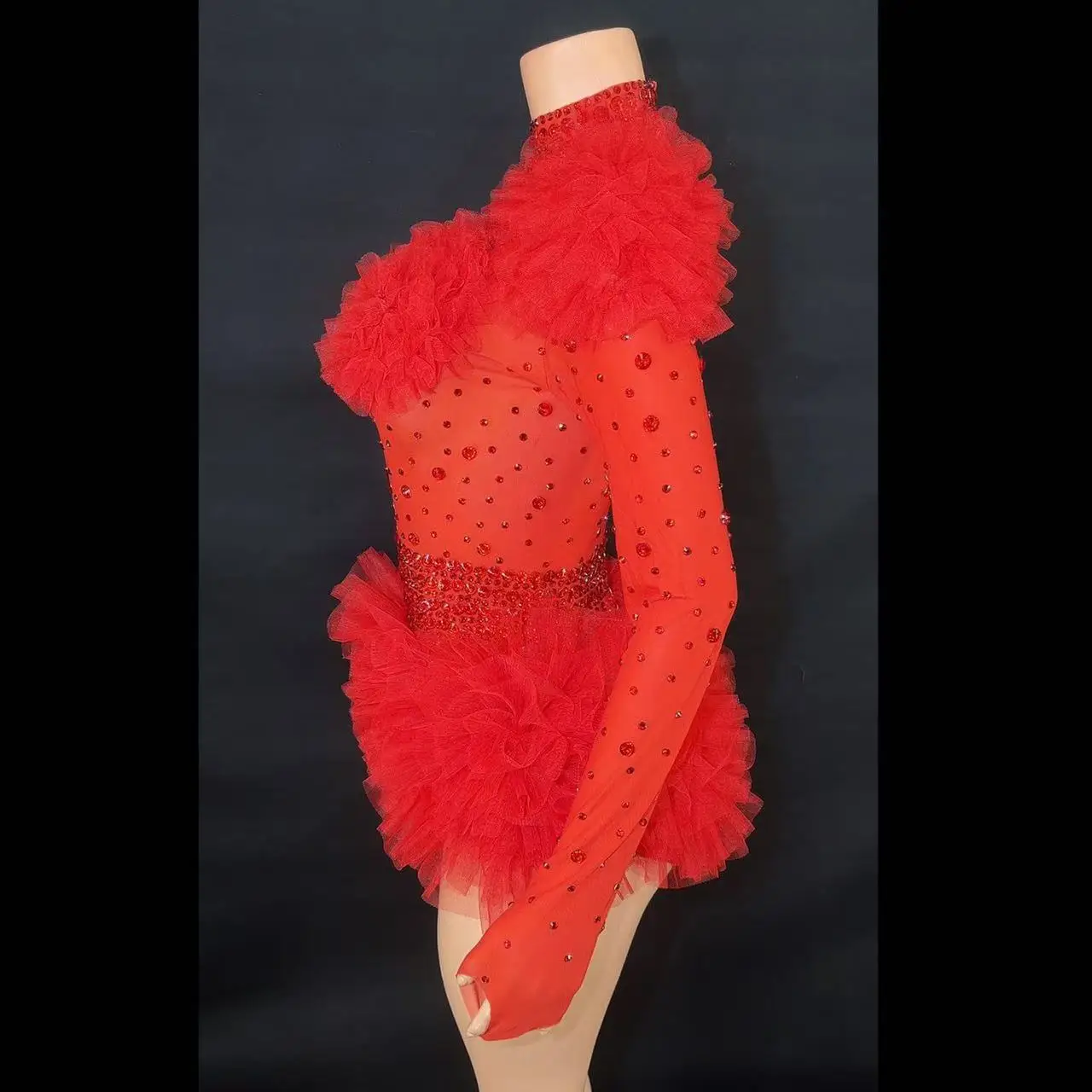 Costume de danse de Performance Transparent en maille, body Sexy avec strass rouges scintillants pour femmes, tenue de scène de danseuse, tenue de discothèque