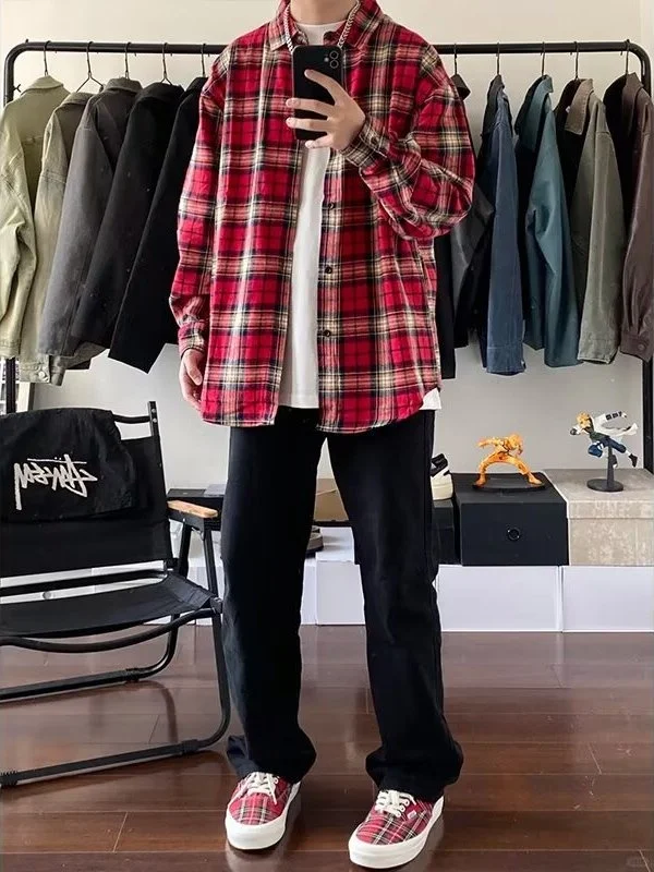 

Мужская повседневная свободная рубашка больших размеров с длинным рукавом, винтажная американская клетчатая рубашка в стиле стритвир, весенне-осенняя, для пар, из полиэстера