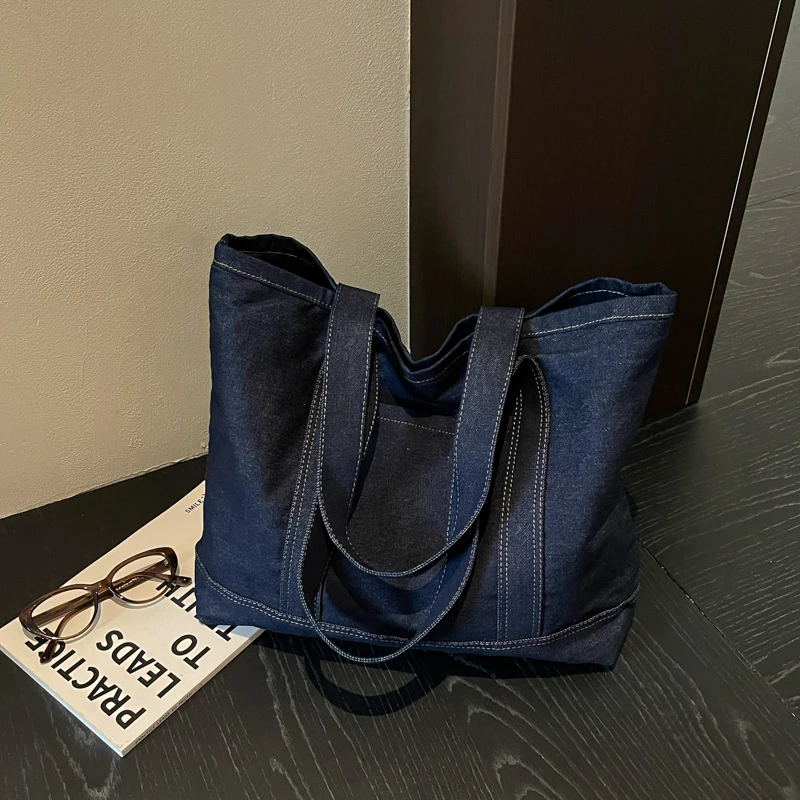 Women Large Capacity Denim Tote Bag Vintage Washed Canvas Shoulder Handbag Casual School Work Shopping Daily Bag Сумка