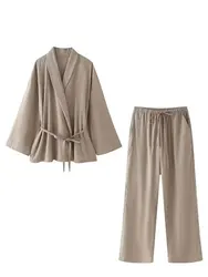 TRAFZA donna sciolto gamba larga pantalone moda bavero scollo a V manica lunga sottile Blazer cappotto con cintura 2024 estate signore vestito solido