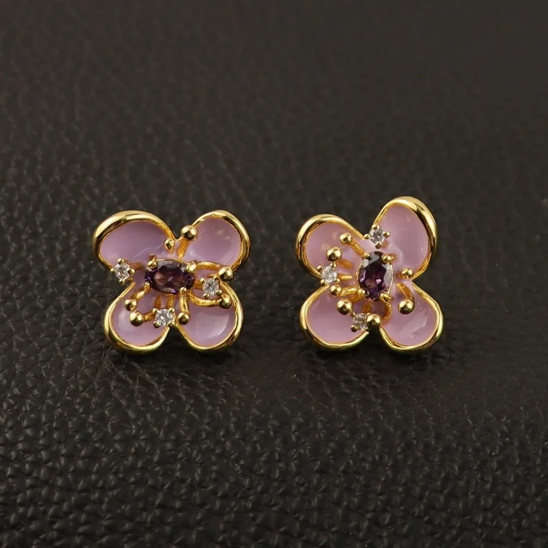 

New Fashion Jewelry Color Enamel Drop Glaze Garnet Cubic Zircon Small Flower Earrings Autumn Winter New Arrival Stud Earrings