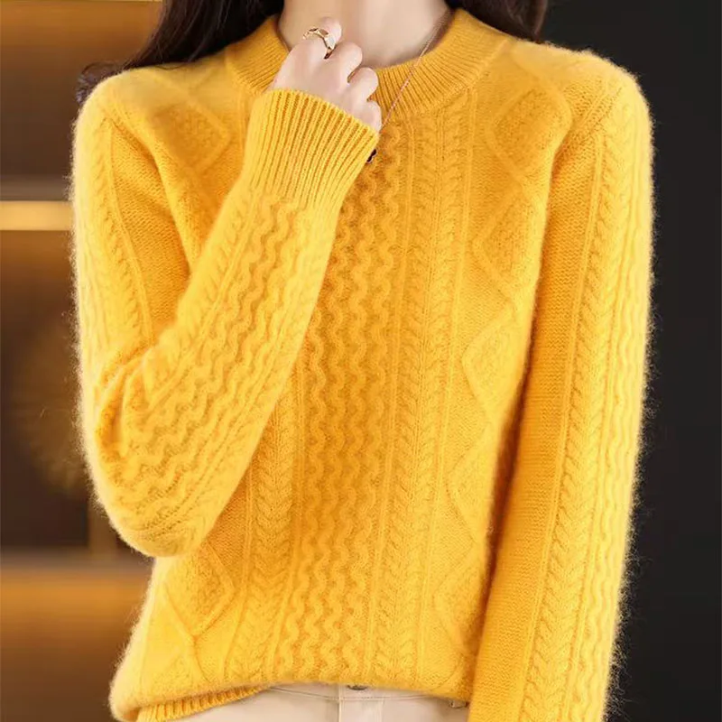

Fall/Winter 100% Pure Wool Sweater Female Semi-high Neck Loose Seamless Hollow Cashmere Knitted Bottom Shirt