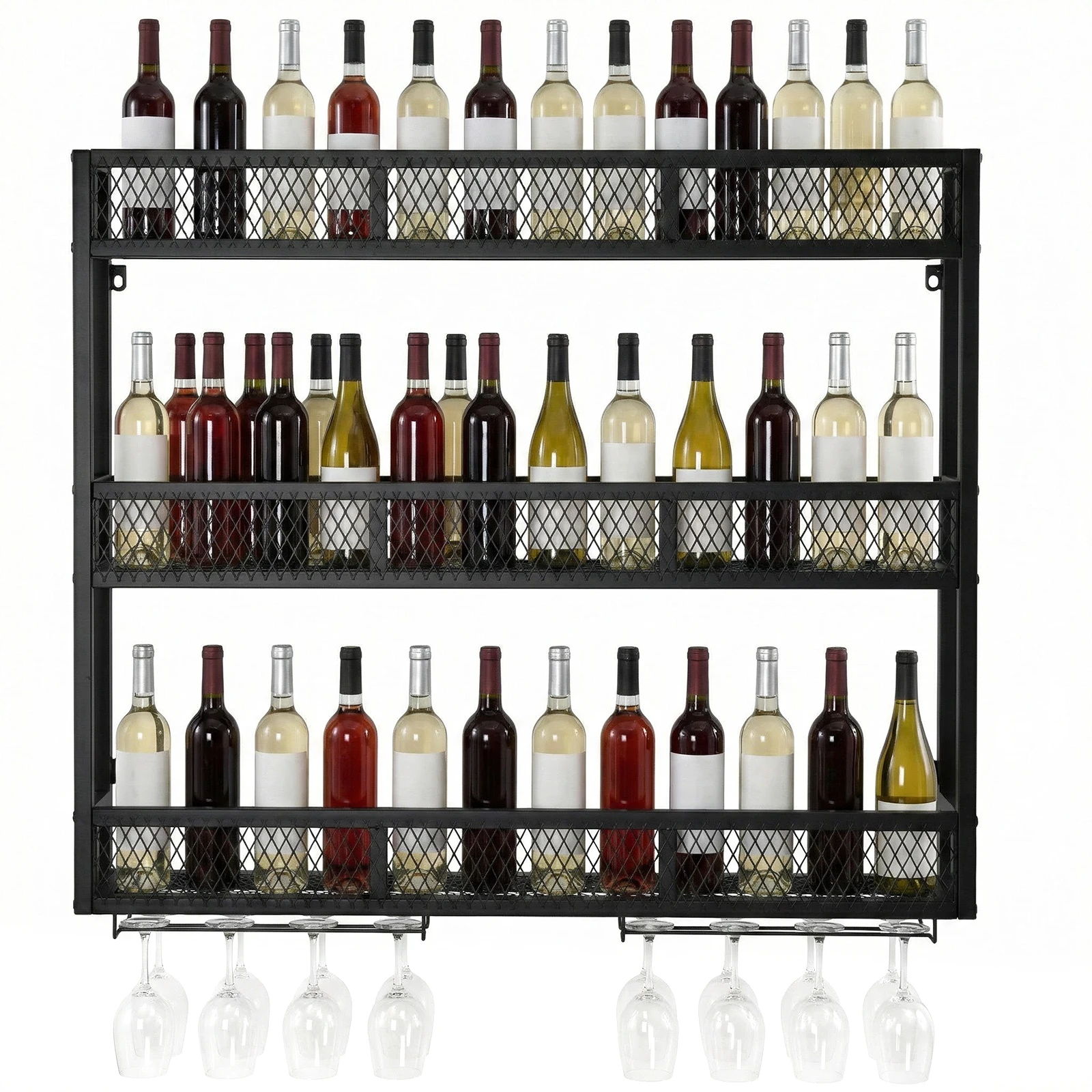 

39in 3-Tiers Hanging Wine Rack with Glass Holder Wine Glass Storage Display Shelves for Kitchen Home Bar Dining Room Living Room