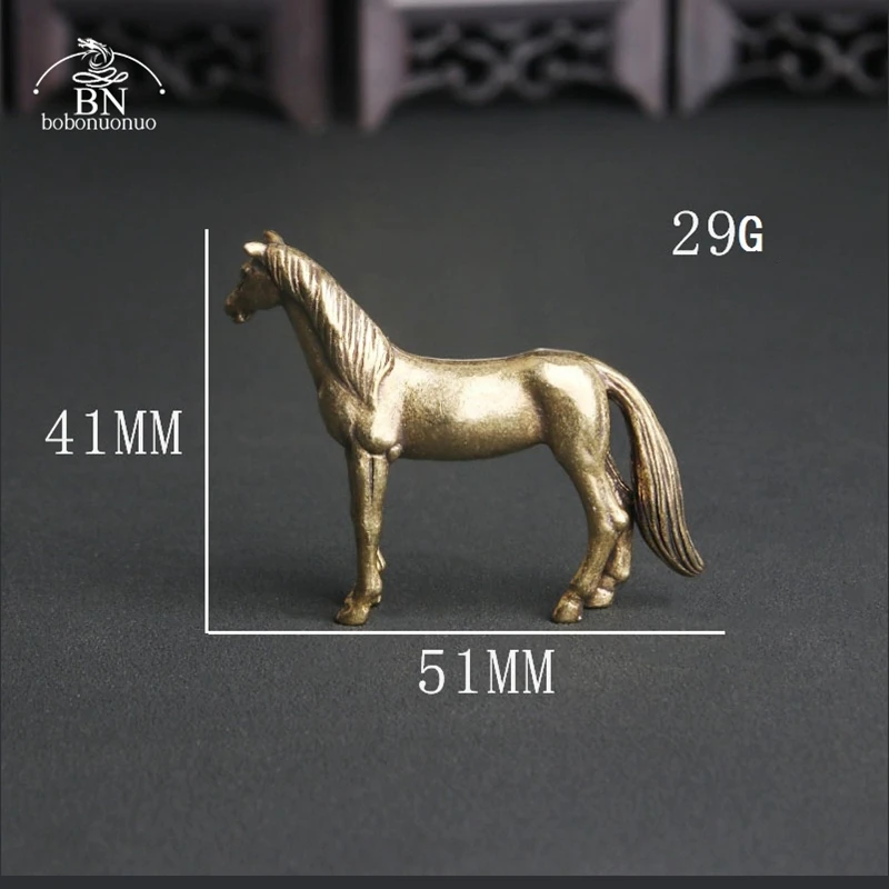 Antique Brass Solid Long Tail Horse Figurines Miniatures Feng Shui Ornaments Copper Zodiac Animal Mini Desktop Decoration Crafts