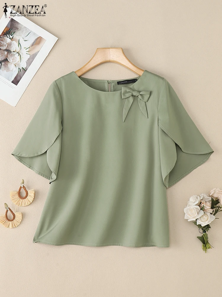 

ZANZEA 2025 Autumn Women's Blouses Casual O-Neck Half Petal Sleeve Bow Detail Solid Color Tops Woman Clothing 3 Colors Wholesale