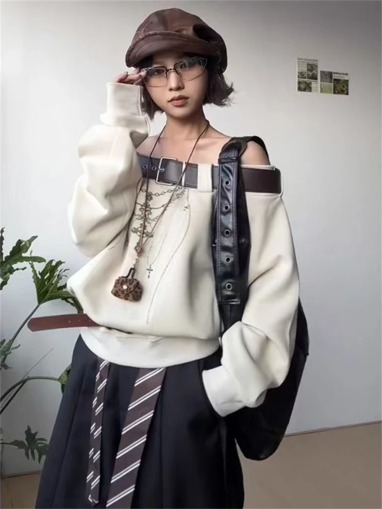 LOTDOOTN Amerikaanse Sle Pittig Meisje Diagonale Oulder Hoodie vrouwen Herfst Winter Punk Riem Lange Sve Losse Casual Subcultuur Kleding