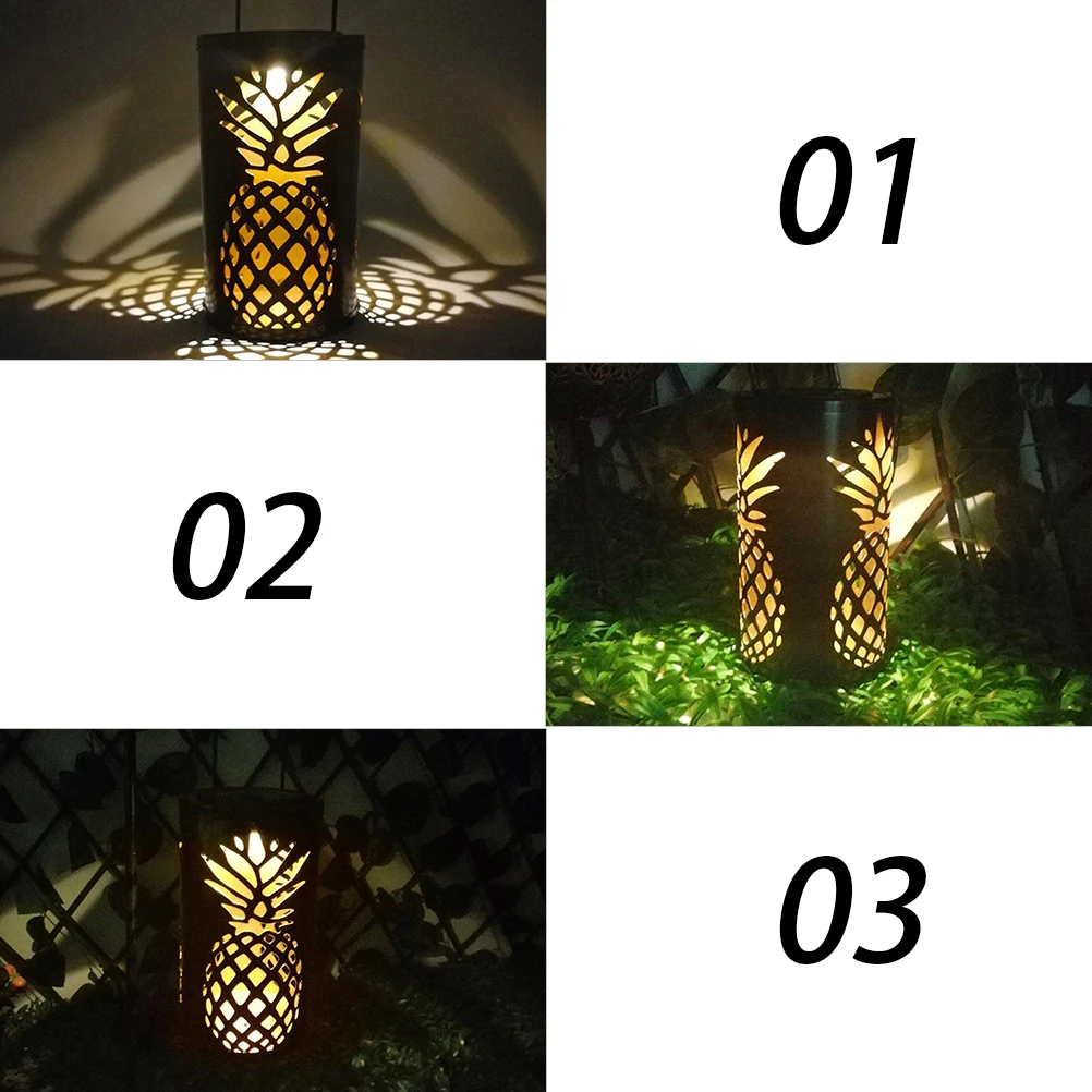 

Solar Garden Light Iron Hollow Hanging Solar Powered Lantern for Outdoor Decoration Wrought Pineapple Design Long Lighting Time