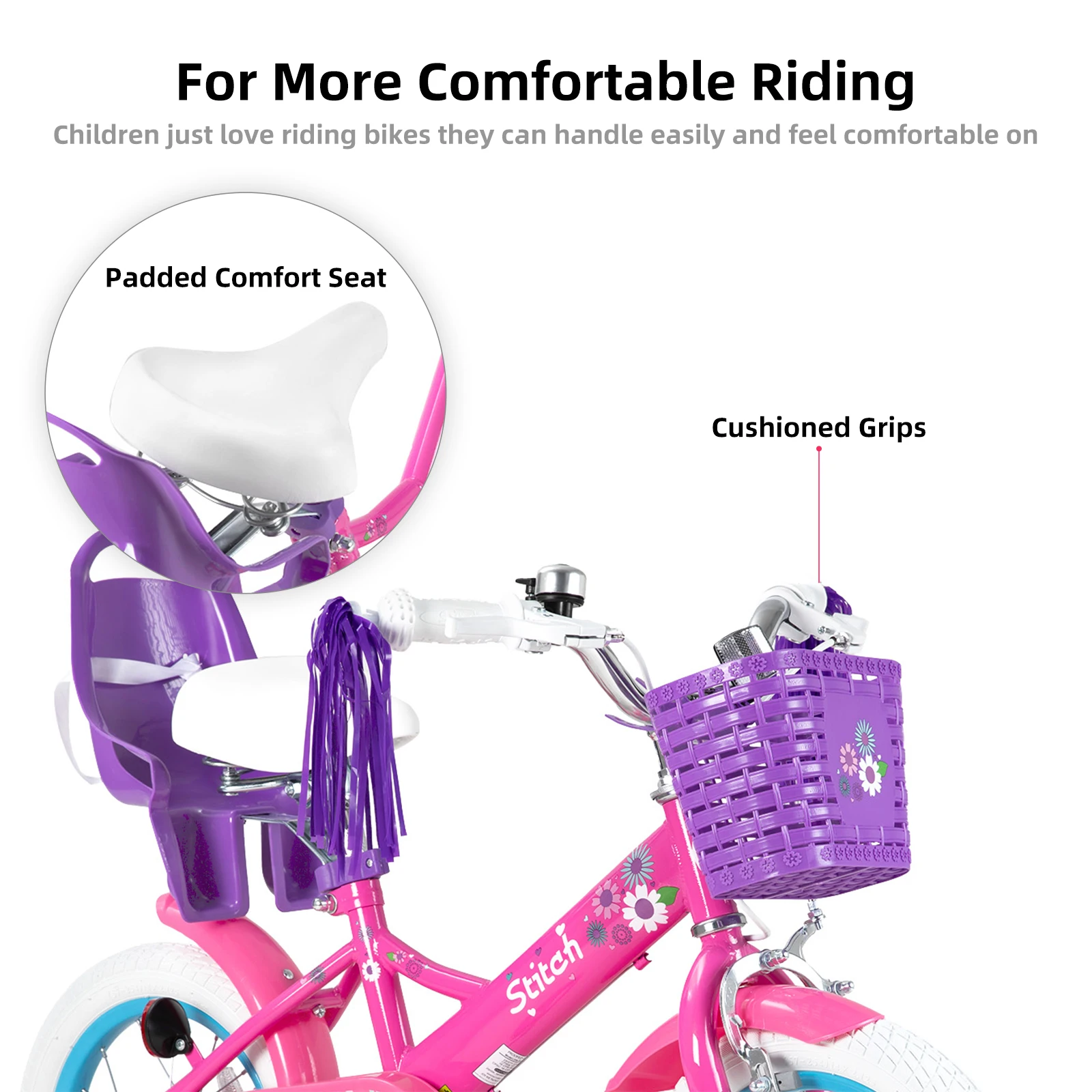 STITCH Kinderfahrrad für Mädchen und Jungen im Alter von 2–7 Jahren, 12 14 16 Zoll Mädchenfahrräder mit Puppenfahrradsitz und Luftschlangen, Fahrradkorb