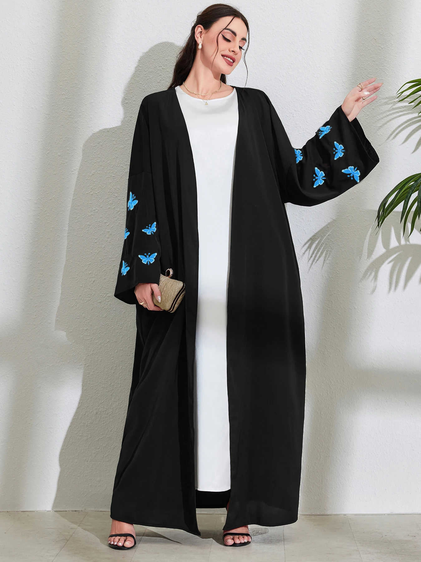 Muslim Women Butterfly Embroidery Open Kimono Abayas Dubai Turkish Casual Islam Clothing Moroccan African Kaftan Eid Long Robes