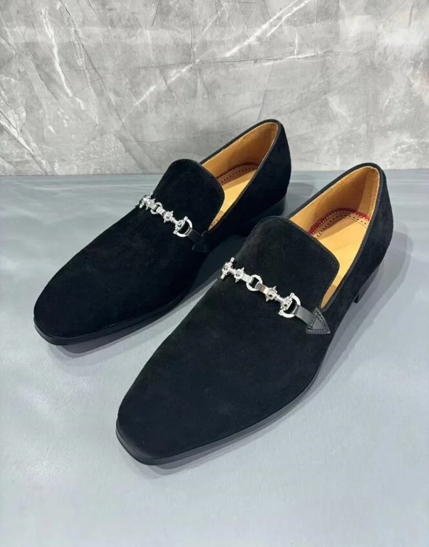 

Vintage Suede Leather Men's Shoes Solid Color Chains Business Retro Office Dress Shoe for Gentleman Comfortable Wedding Party