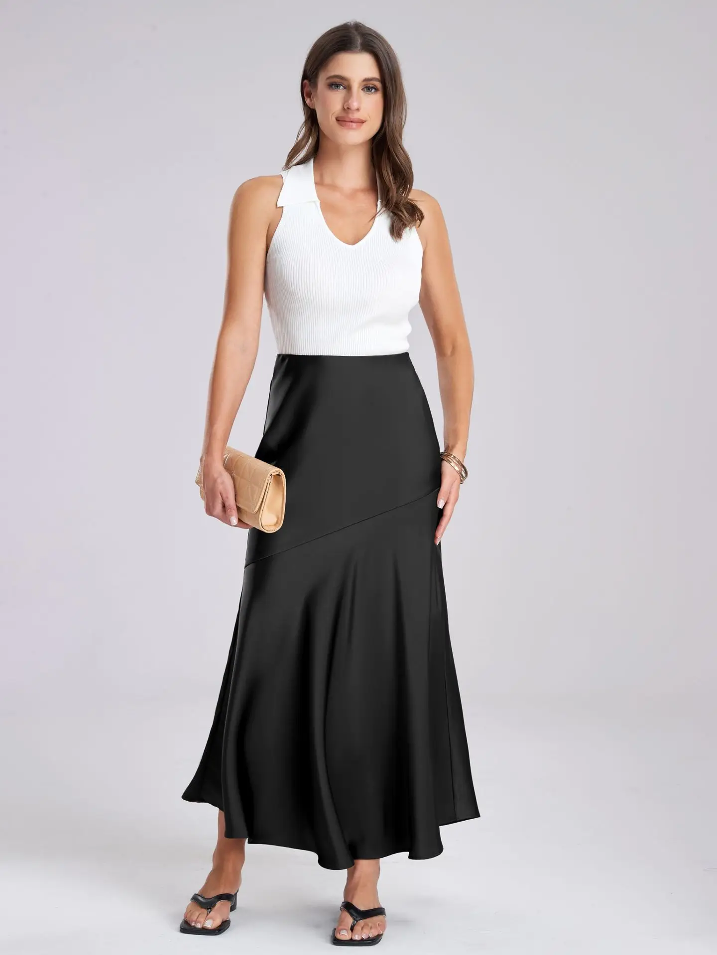 

Women's Acetate Satin Midi Skirt with High Waist and Elastic Splicing European and American Slim Fit and Slimming Hip Hugging