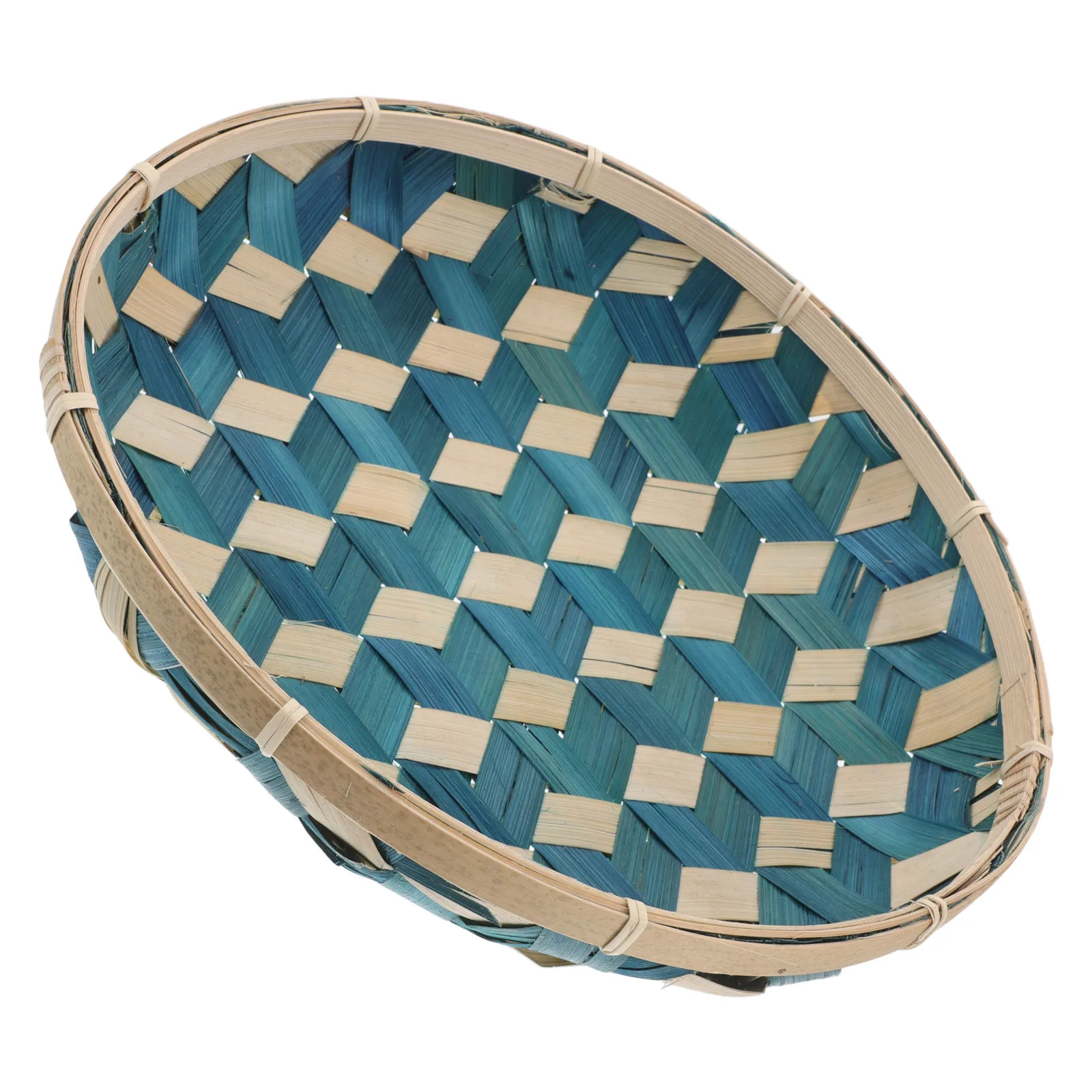 

Bamboo Woven Tray Flat Round Blue Wicker Basket Fruit Bread Storage Serving Drying Organizer Decorative Kitchen Dining Tray