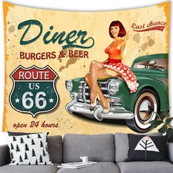Retro Route 66 Wall Tapestry Retro Hippie Bohemian Wall Tapestry Mandala Home Decoration Bar Garage Cafe Club Art Wall Tapestry