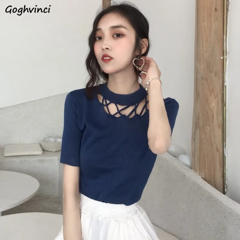 T-shirts Women Hollow Out Shorts Sleeve Simple Casual Tops Summer All-match Stylish Slim Hotsweet Tender Soft Ins Feminine Chic