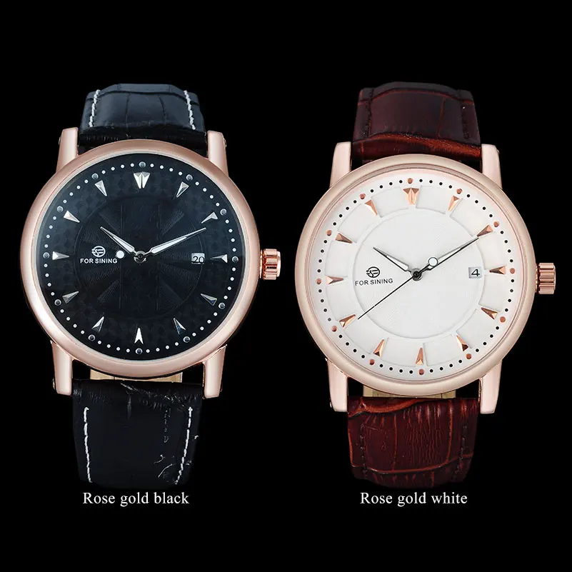 2023 FORSINING China Brand Men Watches Fashion Automatic Self Wind Watch White Dial Auto Date Rosegold Case Genuine Leather Band