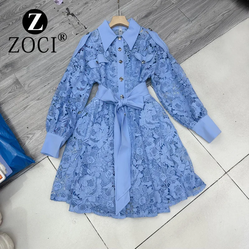 

[ZOCI] 2024 Autumn Australian niche fashionable classic hollow out water-soluble flower lace belt long sleeved dress A3#8760