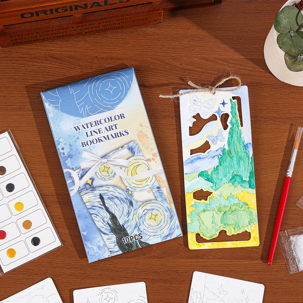 10 Pcs Van Gogh Painting Watercolor Bookmarks DIY Coloring Book Set with Floral Letter Designs for Back to School Birthday Gift