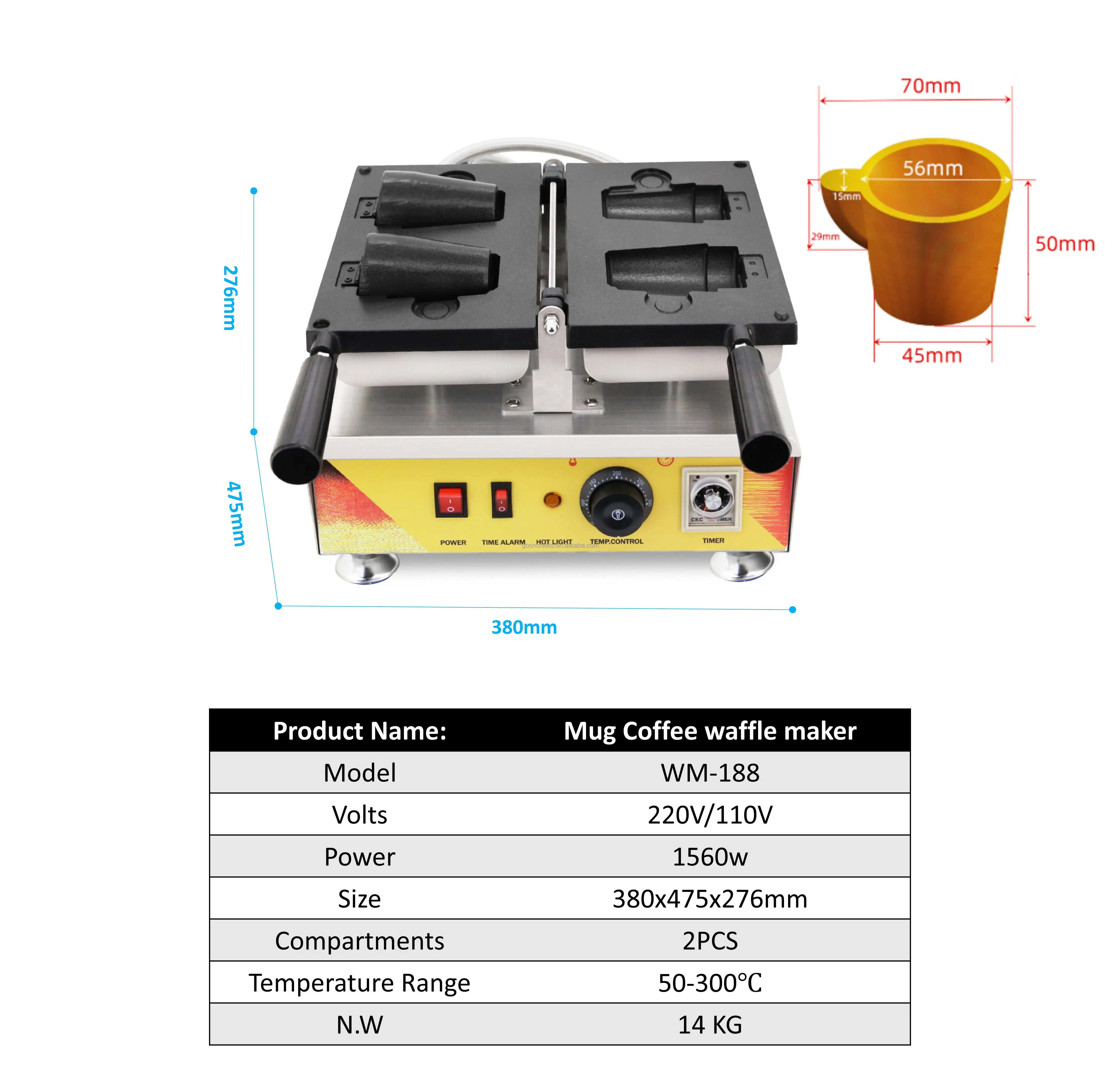 Commercial mug coffee mug waffle maker 1560W 50-300 ℃ temperature control timer, simple waffle maker for making snacks