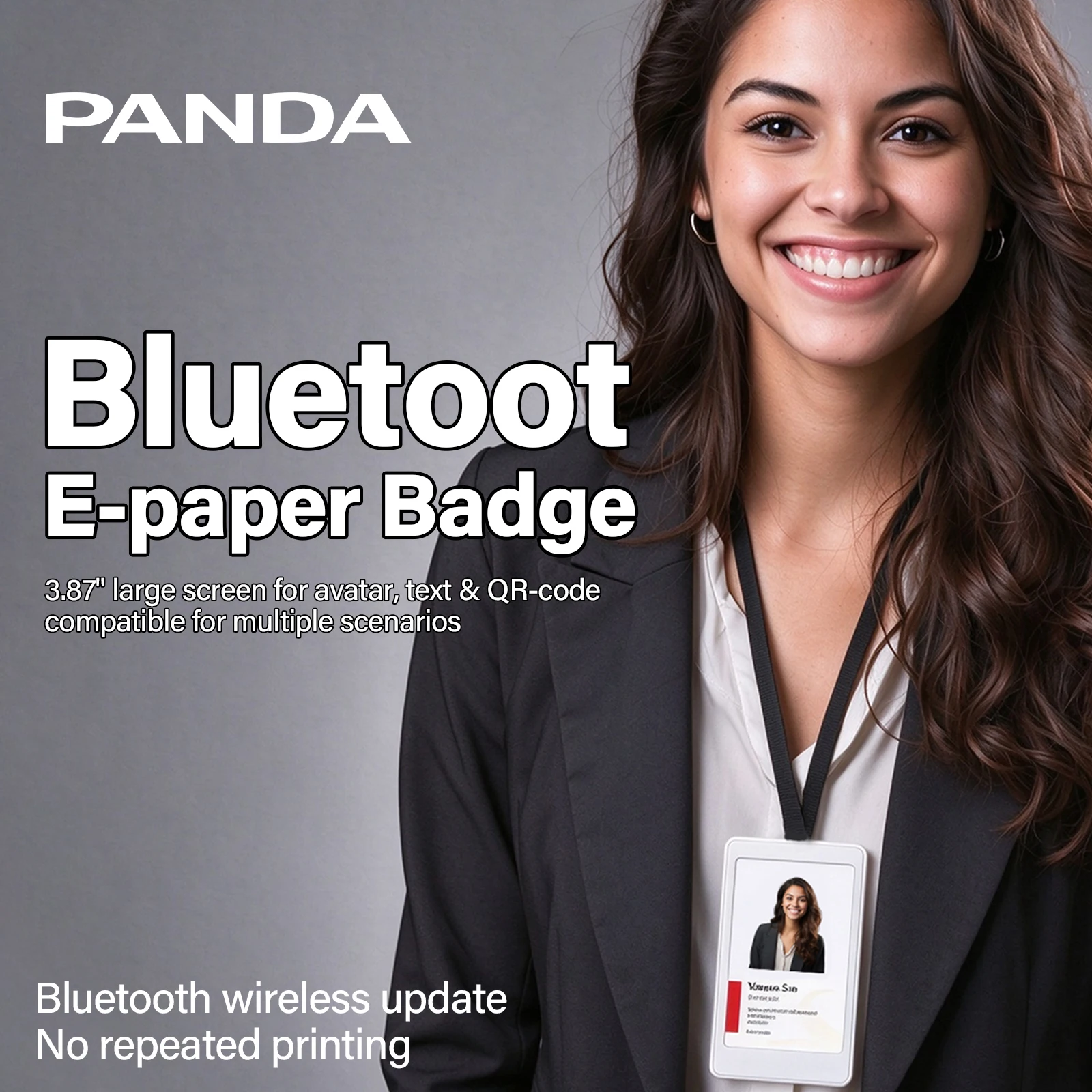 panda-387-inch-e-ink-smart-badge-nfc-bluetooth-digital-name-tag-employee-id-card-rewritable-epaper-badge-for-office-meeting