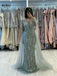 MYMB Classic Pink Long Sleeves Muslim Evening Gown Elegant Beaded Mermaid Formal Occasion Dress with Detachable Train MS66014-3