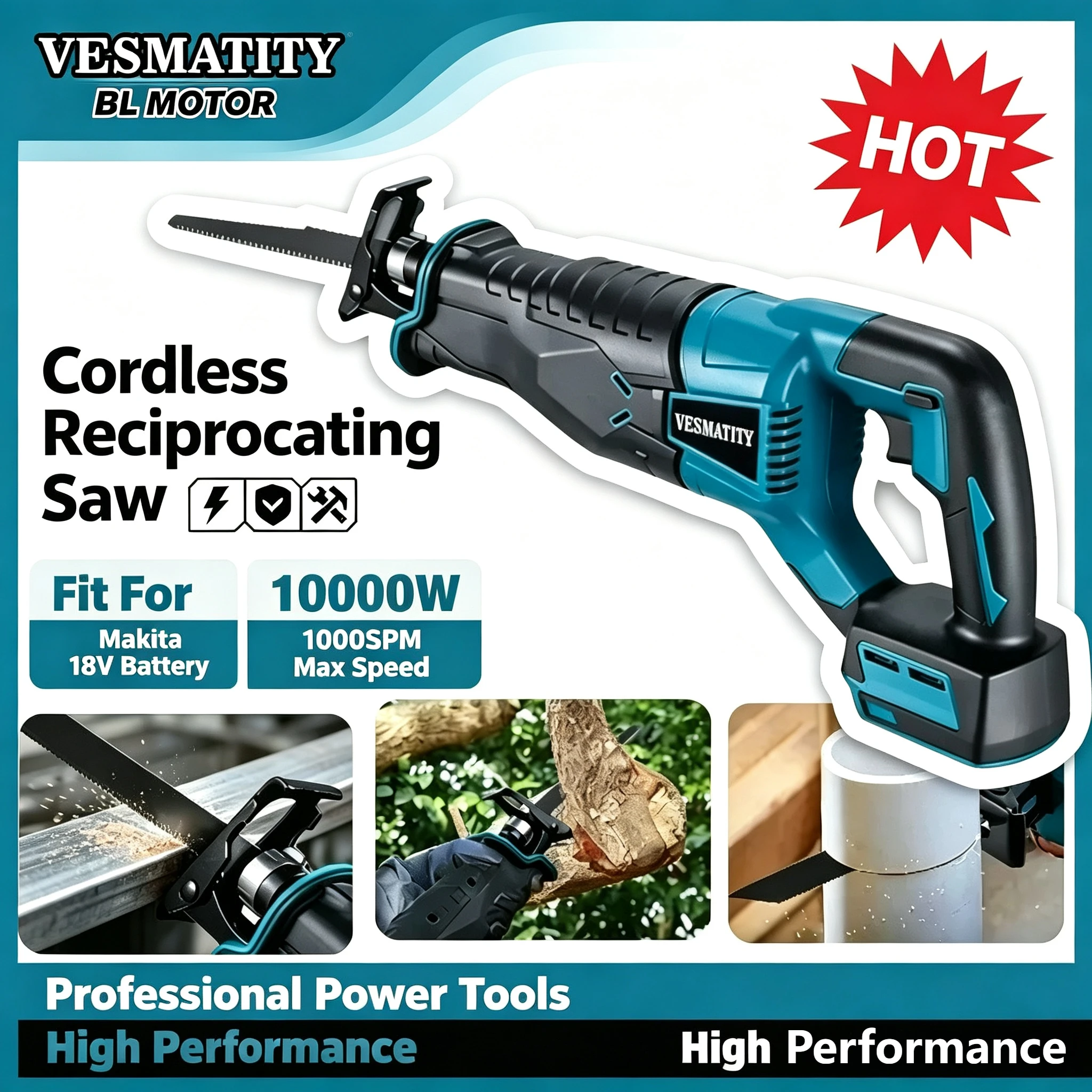 Brushless Cordless Reciprocating Saw Portable Power Tools Reciprocating Saw With 4pcs Saw Blades For Makita 18V Battery