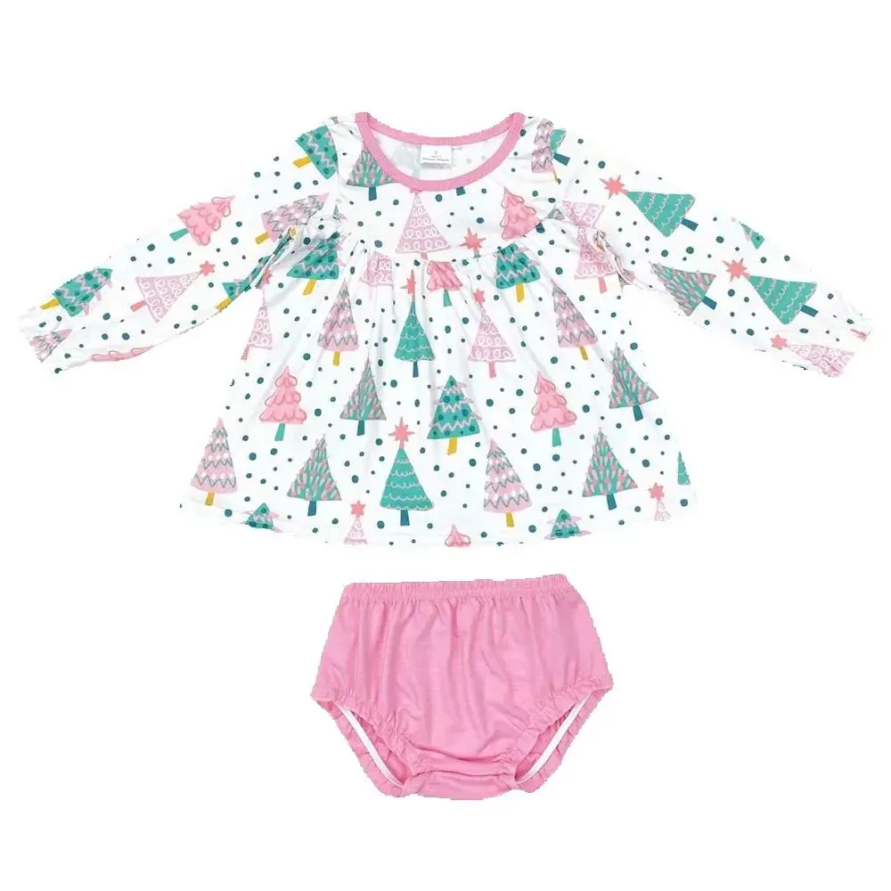 

Hot Sale Infant Baby Girls Clothes Christmas Colorful Trees Tunic Top Bummies Sets Boutique Toddler Girls Clothes Bummies Shorts
