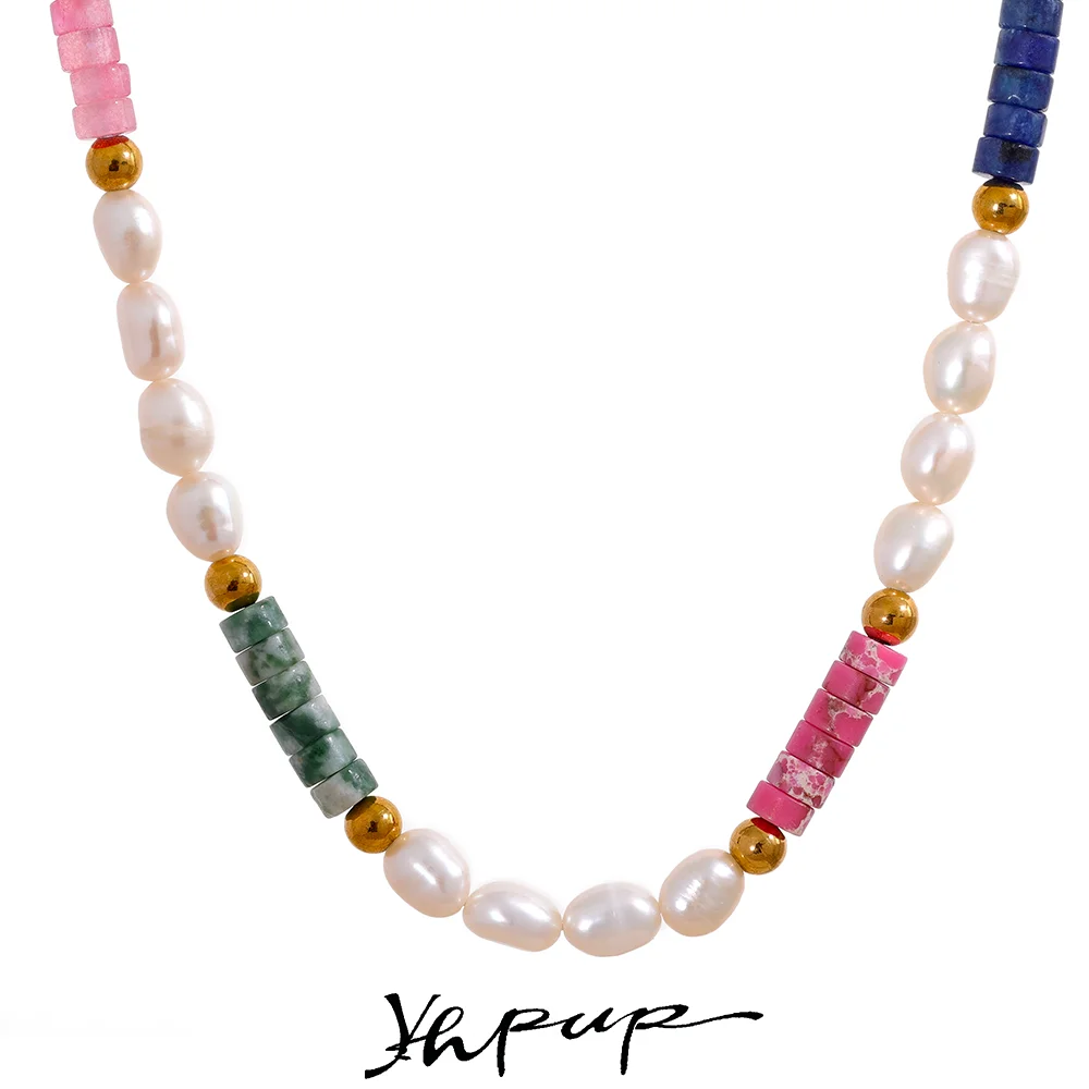 

Yhpup Colorful Stone Mix Semi-precious Natural Freshwater Pearls Handmade Bohemian Trend Necklace Gold Color PVD Summer Jewelry