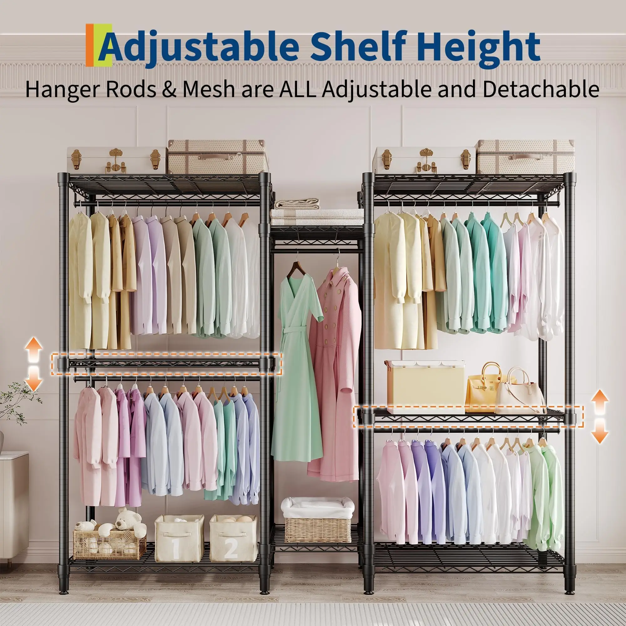 Perchero para ropa, perchero independiente para colgar prendas, armario ajustable con 4 barras resistentes y 7 estantes para guardar ropa, percheros portátiles y de fácil montaje, 76,5" de alto x 67,6" de largo x 15,5" de ancho.