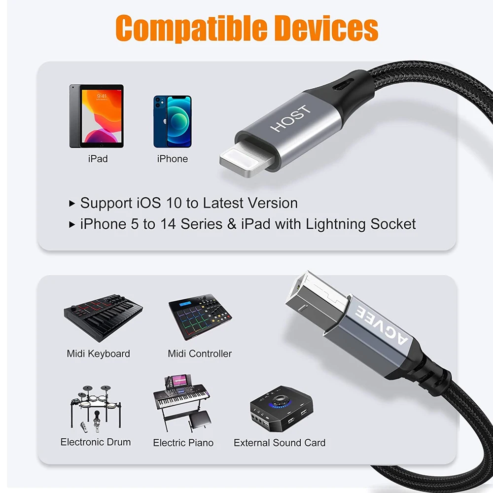 For lightning usb b cable Type B Midi Cable OTG for iPhone 13 iPad to Midi Controller Electronic Music Instrument Drum