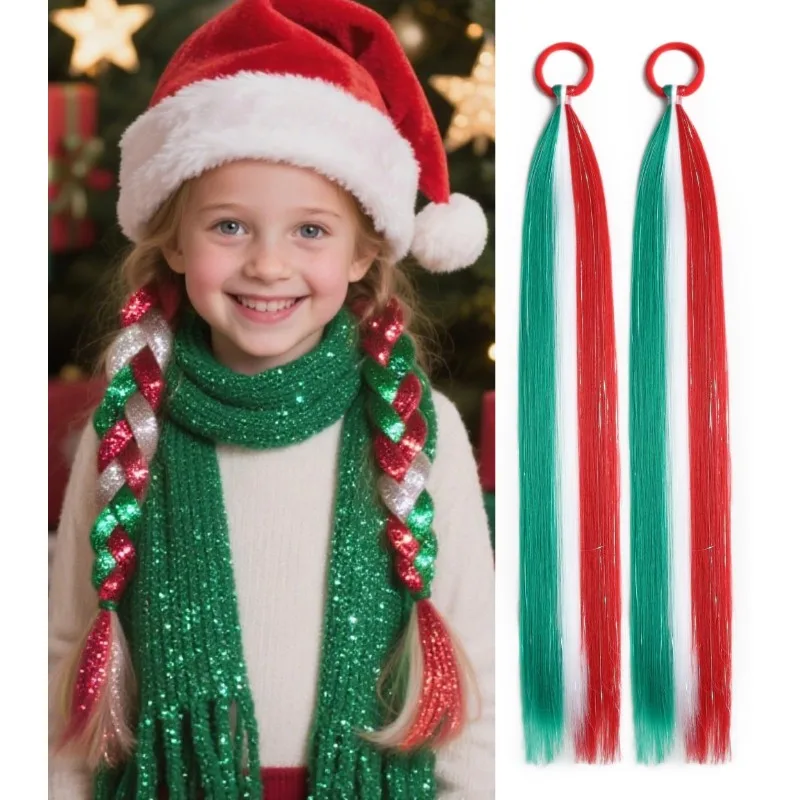 

2 шт./сумасшедшие волосы, дневные наращивания хвоста-трехцветные красные, белые, зеленые волосы для девочек и детей.accesorios del cabello para niños bebe