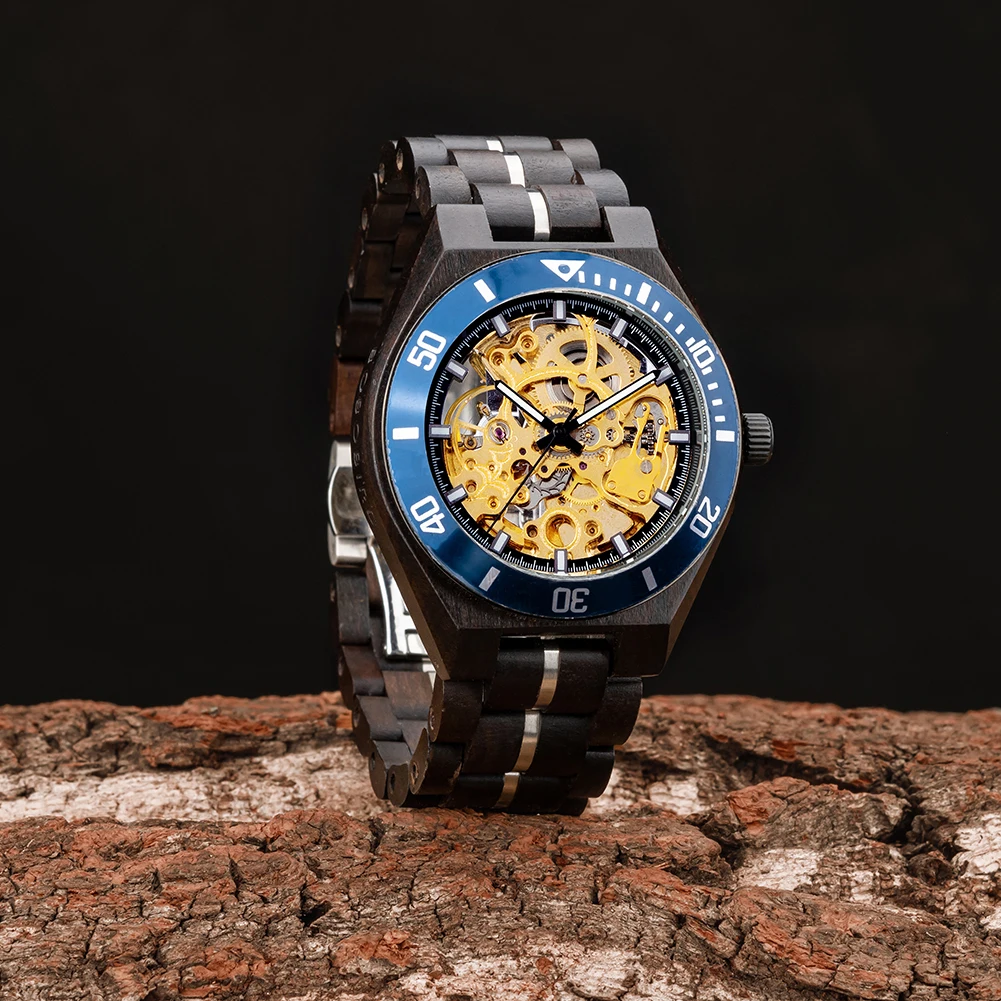 BOBO BIRD Wooden Automatic Mechanical Watch Men New Top Luxury Wristwatch Fashion Luminous Clock Great Gift Wood Box Custom Logo