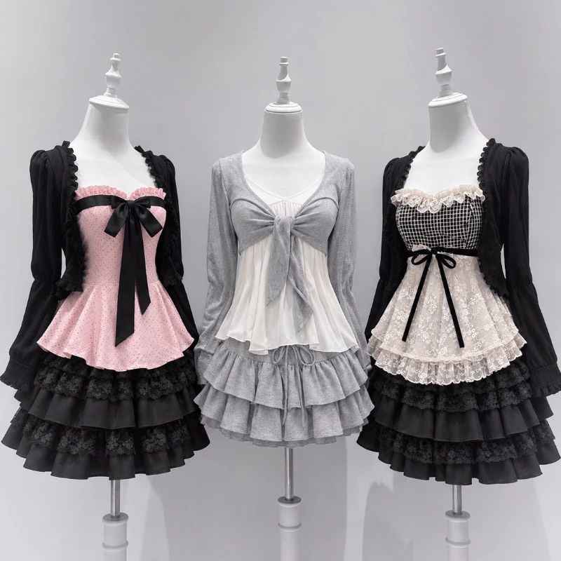 Japanese Kawaii Preppy Style Women Lace Bow Tops Two Piece Set Mini Skirt Korean American Retro Cute Subculture Fashion Outfits