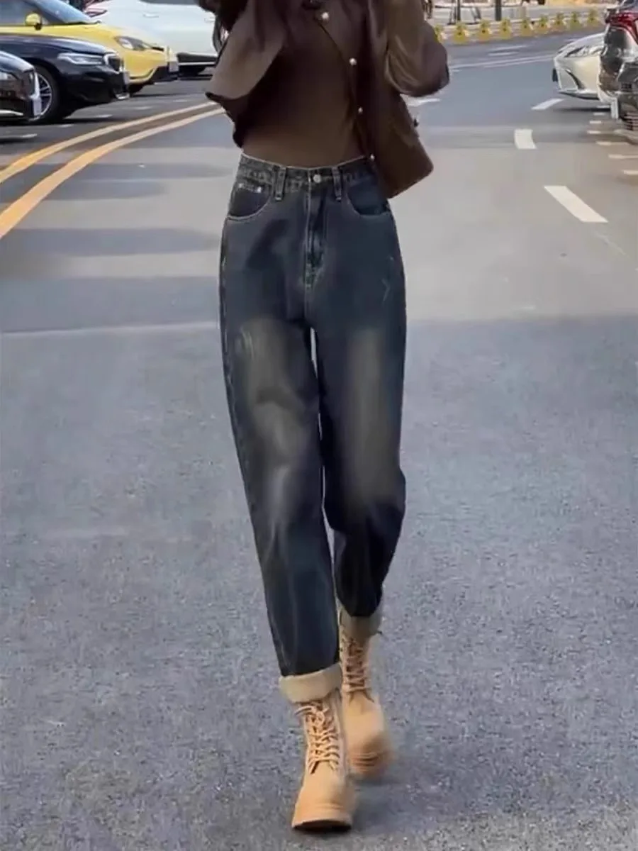 حجم كبير المرأة عالية الخصر فضفاضة تناسب الدينيم الجينز هارلان Sle الخريف Faion حجم كبير الدهون مم القطن تمتد الدينيم السراويل