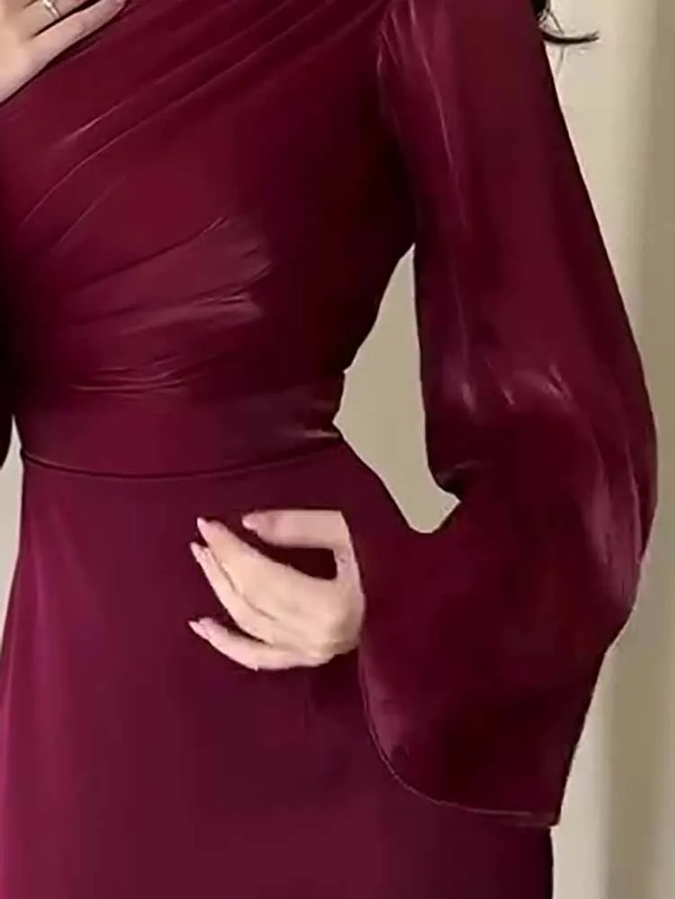 우아한 단색 슬림 랩 힙 드레스 패션 여성 새틴 기품 있는 롱 드레스 섹시한 O넥 긴팔 스플라이스 이브닝 드레스