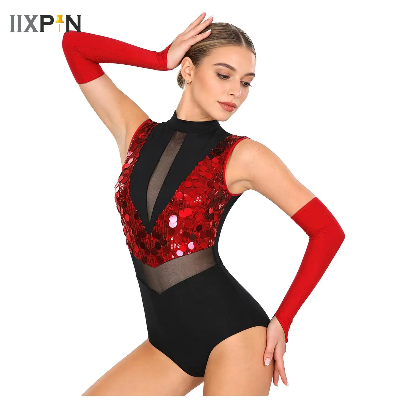 

Sequin Dance Leotard Gymnastics Figure Skating Ballet Dance Performance Outfit Women Sheer Mesh Bodysuit with Gloves Dancewear