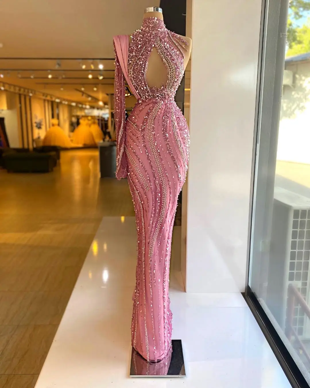 

Sparking Sequined Evening Dresses One Shoulder Crystals Prom Gowns Custom Made High Neck Women Formal Party Dresses