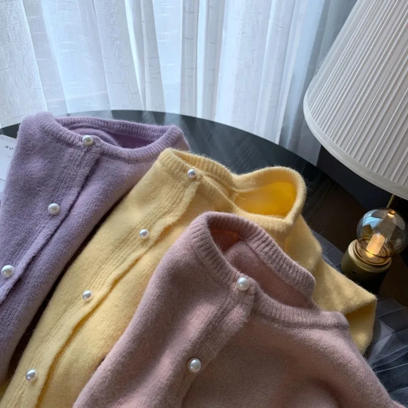 

Корейский модный топ с круглым вырезом и длинными рукавами, однотонный кардиган, свитер, осенняя женская одежда, однобортный милый вязаный топ Mujer, верхняя одежда