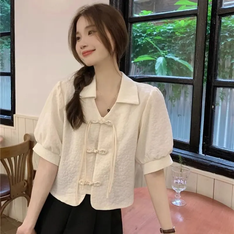 Women Summer Vintage Frog Temperament Polo-Neck Solid Color Short Sleeve Shirts Women Clothes Fashion All-match Appear Thin Tops