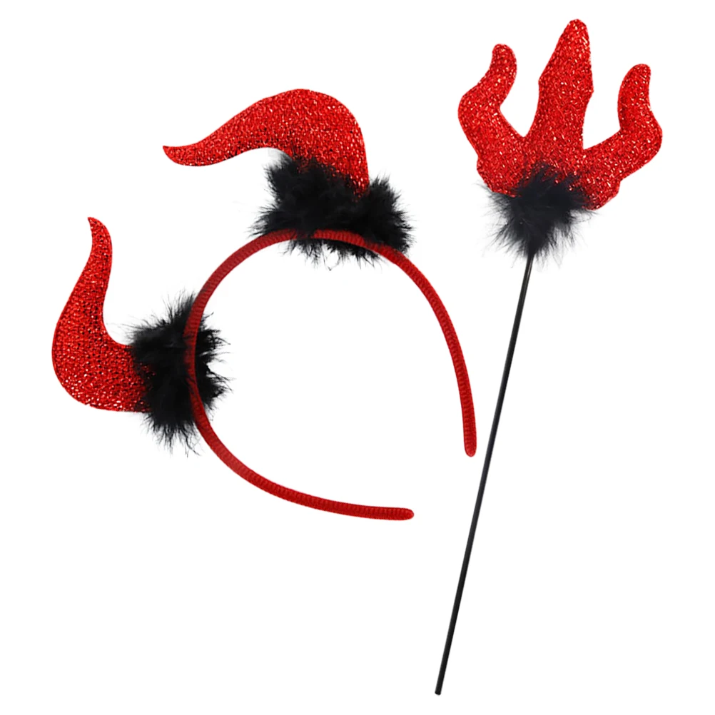 

2 Pieces Costume Set Headband Horns Trident Staff Halloween Accessories Cosplay Party Supplies Women Kids Role