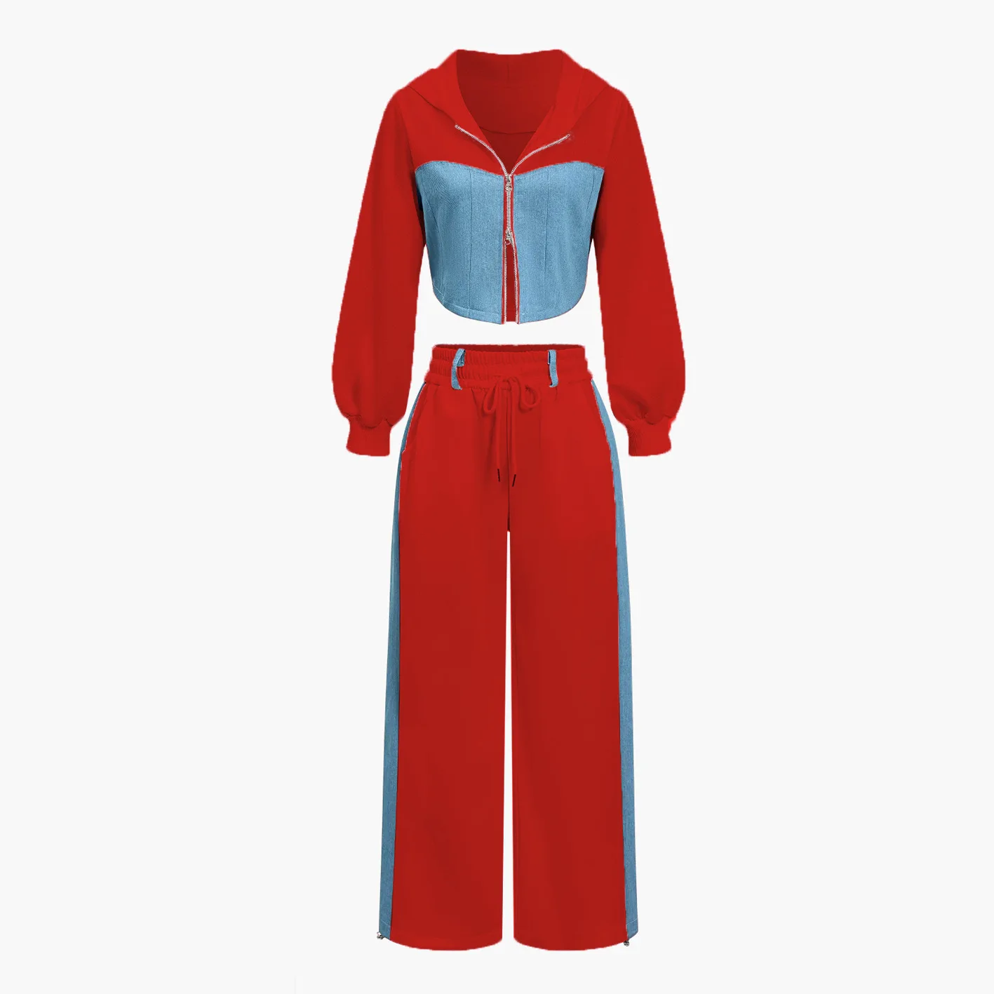 Women's Fashionable Casual Hoodie Set with Denim Patchwork Hooded Top and Pants Two-piece Set