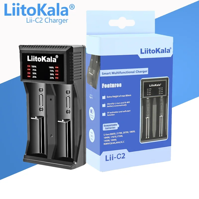 

LiitoKala Lii-C2 18650 Battery smart Charger For 21700/26650/18350/16340/18500/AA/AAA 3.7V 1.2V Ni-MH Ni-Cd
