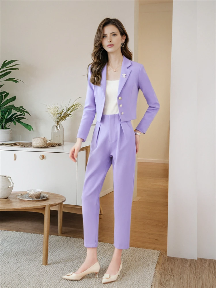 

Women's Suits Blazer with Pants Long Sleeve Short Coat Elastic Waist Pants 2 Piece Sets Office Lady Outifits Purple 2024 Spring